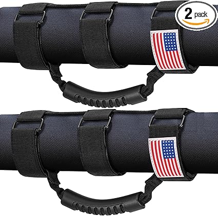 moveland Roll Bar Grab Handles with US Flag, 2 x Grip Handles for 1955-2023 Jeep Wrangler JL, JK, TJ, YJ & Jeep Gladiator Accessories - Upgrade Metal Buckle, Strong & Durable